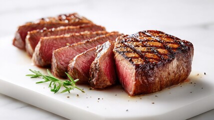 Fototapeta premium Sliced Cooked Steak on White Cutting Board with Rosemary