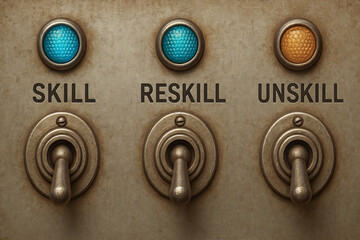Skill reskill unskill concept with vintage toggle switch and blue and orange button on metal panel, industrial style control board with text labels for training and development