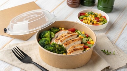 Healthy grilled chicken salad bowl with broccoli and corn
