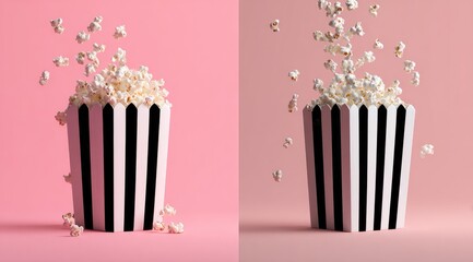 Two images of popcorn overflowing from black-and-white striped containers against a pink background; one shows popcorn mid-air