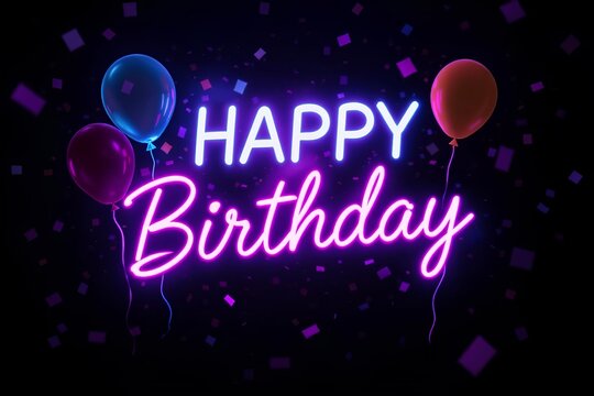 Glowing neon-style &ldquo;Happy Birthday&rdquo; text with balloons and confetti, with dark party background