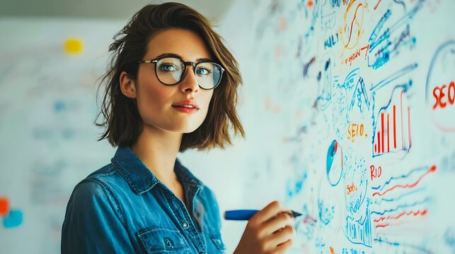 Young professional presenting marketing strategy on digital whiteboard with graphs and keywords.
Concept: Marketing, business strategy, SEO, branding, ROI, corporate training, analytics, growth. - Powered by Adobe