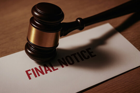 Final notice letter with wooden judge gavel casting shadow on wooden table, symbolizing legal action or debt collection urgency and seriousness