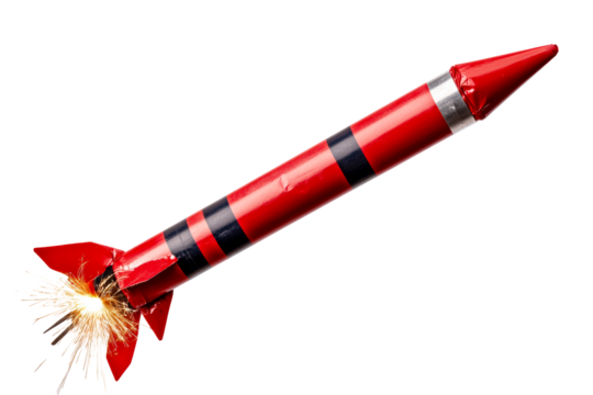 Red and black striped rocket with sparking fuse and fins