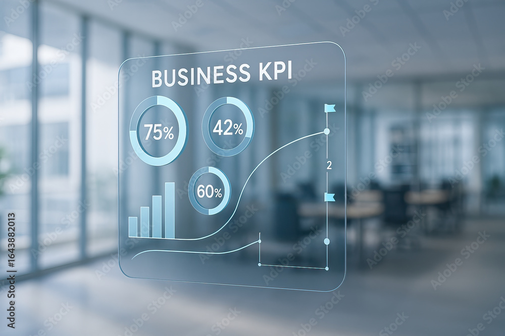 Poster business kpi dashboard with circular progress bars and bar chart displayed in modern office environm