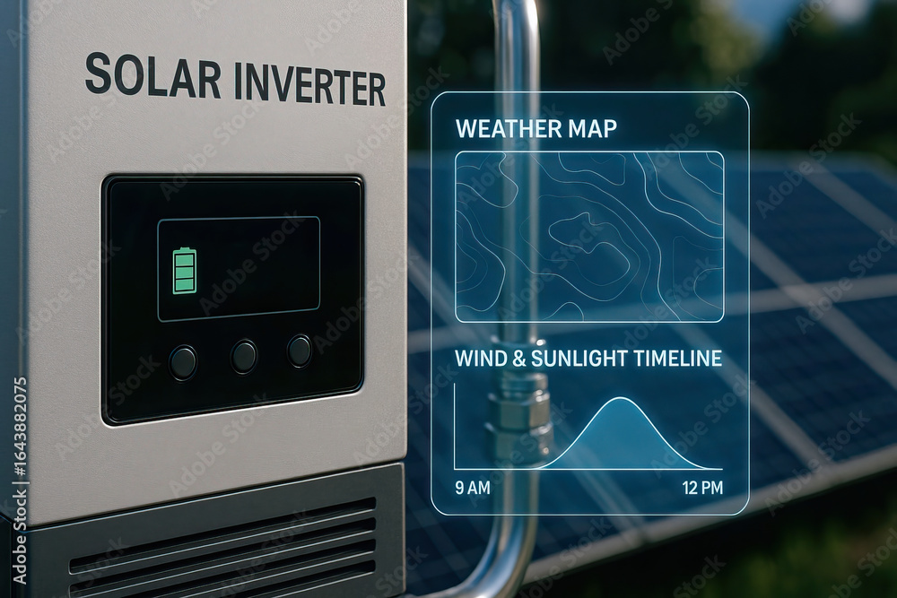 Aufkleber solar inverter with digital display showing battery status and futuristic weather map interface with