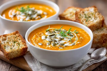 Crema de calabaza con semillas y crema servida con pan tostado