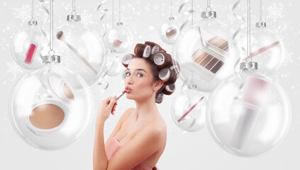 Happy Christmas Woman Applying Lipstick – Advertising Banner for Beauty Shopping and Festive Gift Ideas