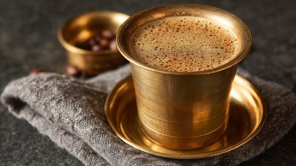 A golden cup filled with coffee atop a matching saucer resting on a gray cloth next to a bowl of coffee beans