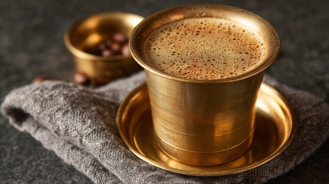 A golden cup filled with coffee atop a matching saucer resting on a gray cloth next to a bowl of coffee beans