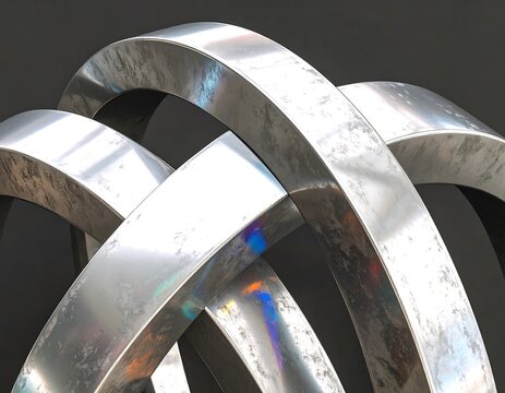 Intertwined polished, weathered metal arcs