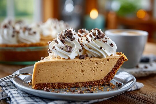 Tarta de mantequilla de cacahuete con crema batida y trozos de chocolate en una mesa acogedora