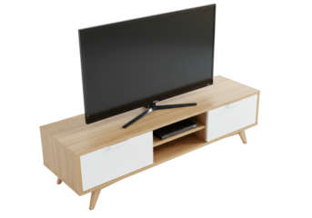 Modern light wood entertainment center with flat screen television and media console