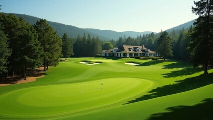 Fototapeta premium Beautiful Golf Course with a Luxurious Clubhouse Surrounded by Lush Greenery and Majestic Trees