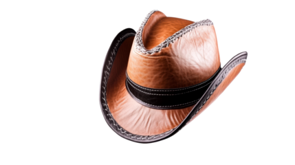 Brown leather cowboy hat with black band and decorative stitching on white