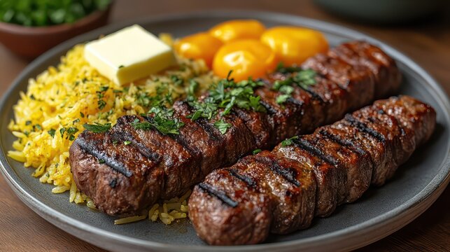 Iranian chelo kebab with saffron rice, grilled tomatoes, butter, and parsley.