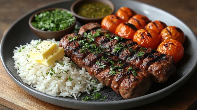 Iranian chelo kebab with saffron rice, grilled tomatoes, butter, and parsley.