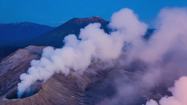Active volcano releasing a large plume of white smoke against a clear blue sky, symbolizing natural power.