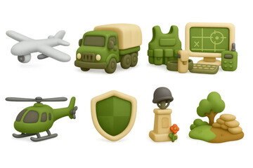 Military vehicles and equipment icons set in 3d cartoon style
