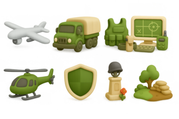 Military vehicles and equipment icons set in 3d cartoon style
