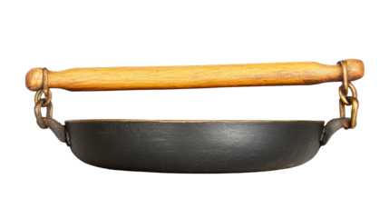 Cast iron frying pan with wooden handle and metal chain