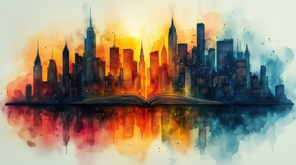 Obraz premium Watercolor cityscape rising from open book, reflecting in water.