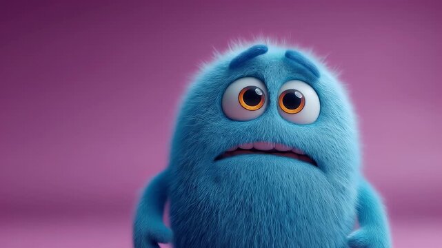 Blue furry cartoon monster with large expressive eyes raising arms in surprise on vibrant pink background