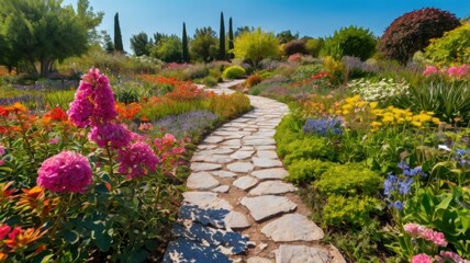 Vibrant garden path lined with colorful blooming flowers