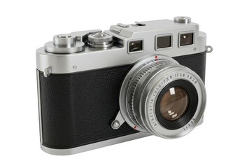 Vintage silver and black rangefinder camera with a detailed lens on a black background