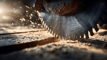 Obraz premium Cutting Through Wood with Circular Saw Creates Dynamic Flying Dust and Shavings
