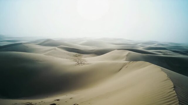Smooth sand dunes stretching into the distance under a bright blue sky, creating a serene desert landscape.