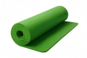Green yoga mat rolled up, symbolizing wellness practice and fitness commitment against transparent backdrop