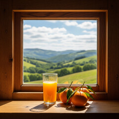 Fresh Orange Juice on a Windowsill with a Scenic Mountain View