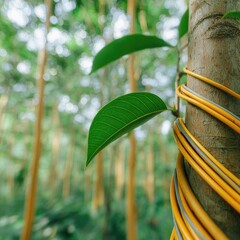 Close-up of a vibrant green leaf on a tree trunk, wrapped with yellow cables in a lush forest