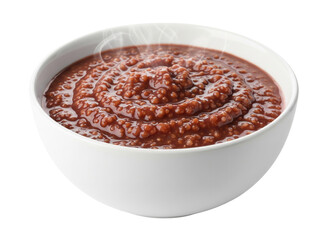 A white bowl filled with steaming red millet porridge on a white background. Isolated transparent background (cut-out PNG file)