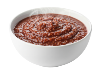 A white bowl filled with steaming red millet porridge on a white background. Isolated transparent background (cut-out PNG file)