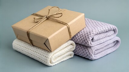 A neatly wrapped brown gift box rests on folded soft white and lavender knitted textiles, creating a cozy and warm arrangement.