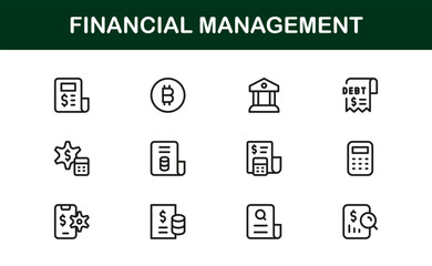 Financial Management Professional Line Icon Set – Modern Minimal Banking Investment and Budget Vector Collection