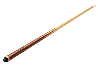 A brown and light-colored billiards cue stick with a white tip on a white background. Isolated transparent background (cut-out PNG file). Topics: billiards, pool, sport, game, equipment, recreation.