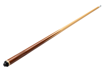 A brown and light-colored billiards cue stick with a white tip on a white background. Isolated transparent background (cut-out PNG file). Topics: billiards, pool, sport, game, equipment, recreation.