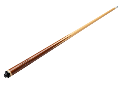 A brown and light-colored billiards cue stick with a white tip on a white background. Isolated transparent background (cut-out PNG file). Topics: billiards, pool, sport, game, equipment, recreation.
