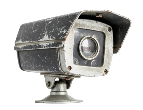 A weathered security camera with a dark body and light mounting arm on a white background. Isolated transparent background (cut-out PNG file). security,  technology, protection, vintage, damage.