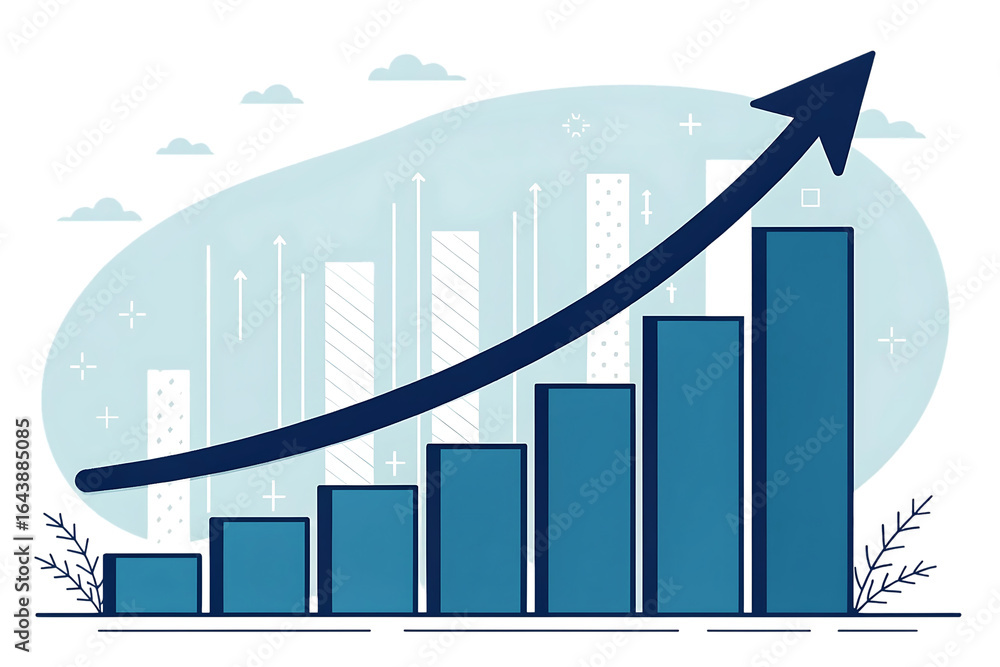 Poster bar chart showing continuous business growth and success with an arrow pointing upwards indicating p