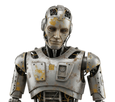 A detailed bust of a weathered, metallic humanoid robot with visible wiring and rust on a white background. Isolated transparent background (cut-out PNG file)vintage, technology, engineering, android.