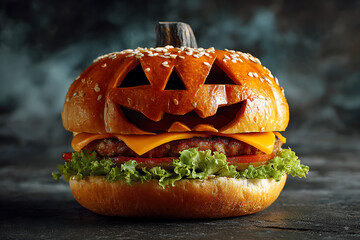 Creative Halloween-themed burger featuring a carved pumpkin bun with cheese and lettuce
