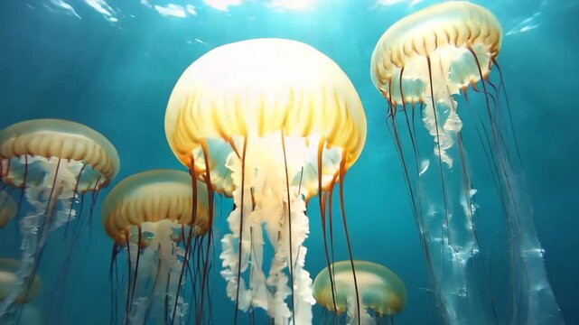 Group of golden jellyfish drifting gracefully under the ocean surface with sunlight streaming through the water.