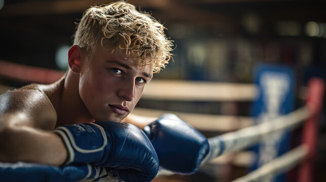 Young boxer with blue gloves resting on boxing ring ropes, intense focused expression, athletic male training in gym environment