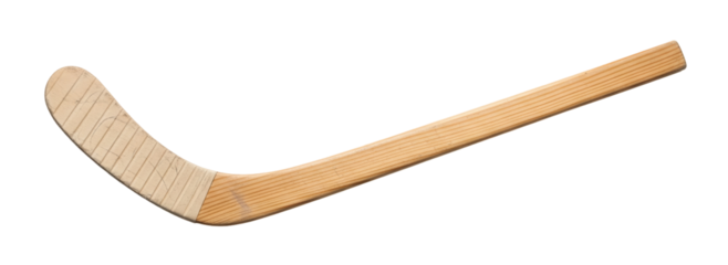 A natural wood hockey stick with a curved, white-taped blade on a white background. Isolated transparent background (cut-out PNG file). Topics: hockey, sport, equipment, recreation, game, wood.
