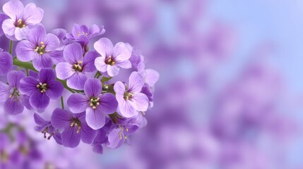 A beautiful cluster of delicate purple flowers blooms softly against a light blue background. Ideal for nature lovers and floral designs. Bring color and life to your projects. AI