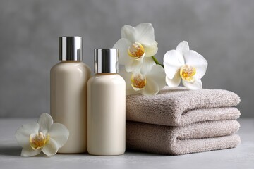 Spa scene with beige bottles white orchid and stacked towels on a gray surface